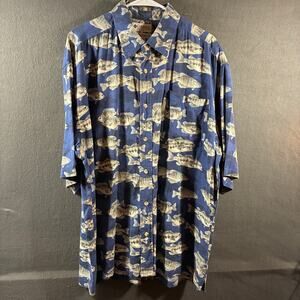 columbia men hawaiian shirt XL blue fish tropical beach vacation golf camp